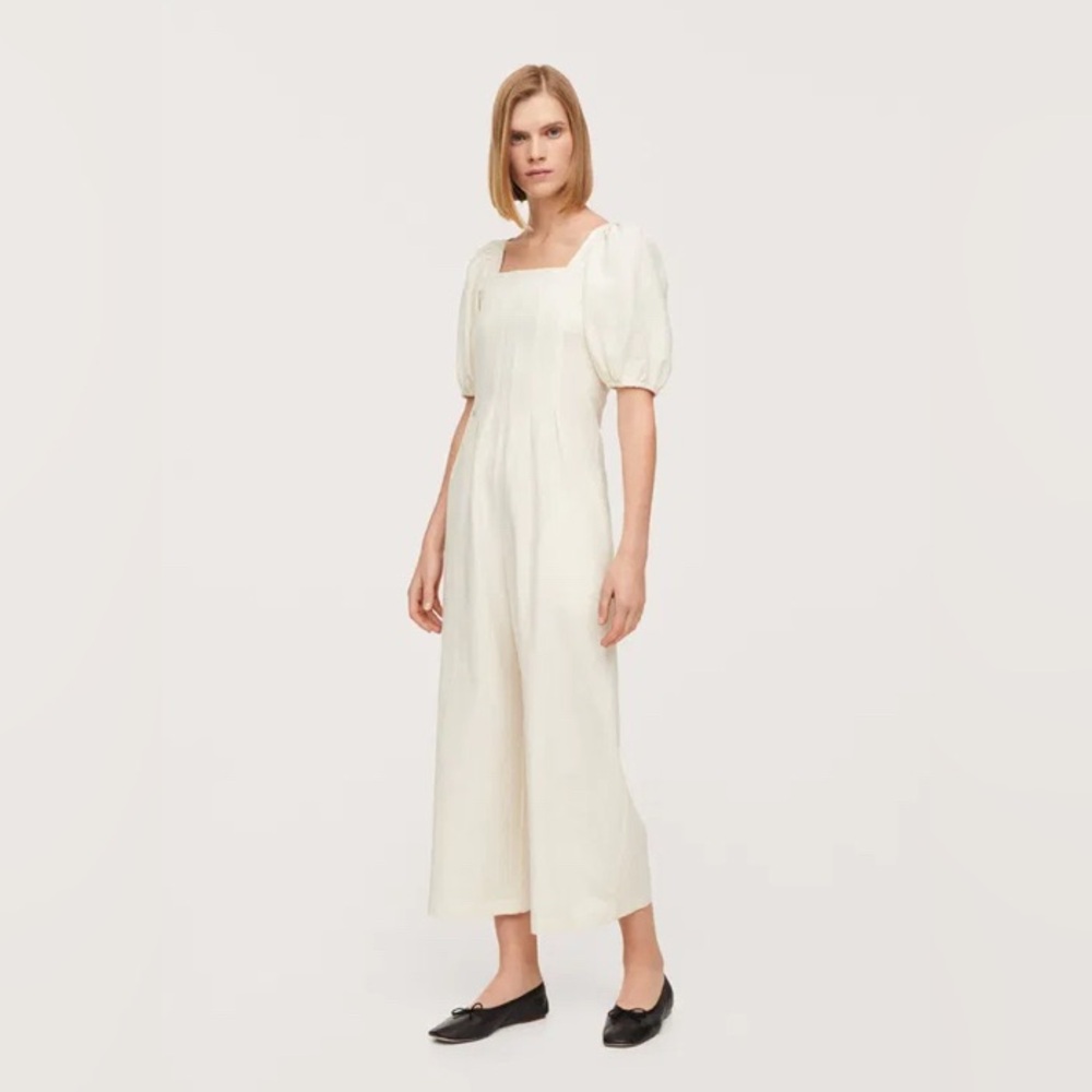MNG Mango puff sleeve cotton long jumpsuit, cream viscose/cotton/linen blend - Picture 3 of 17